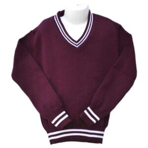 Maroon school sweater with white stripes