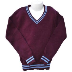 Maroon school sweater with blue stripe