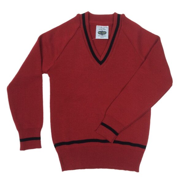 Red school sweater with black stripes