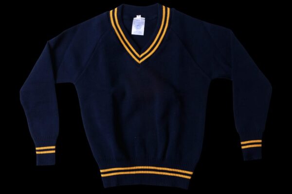 Navy blue school sweater with gold stripes