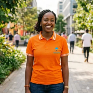 branding orange polo shirt with white stripes