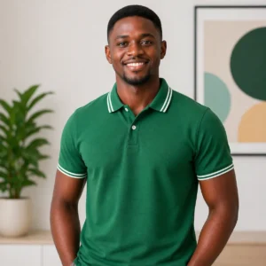 dark green polo shirt with white striped collars