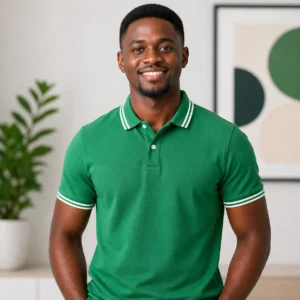 green polo shirt with white striped collars