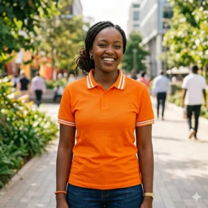 orange polo shirt with white striped collars
