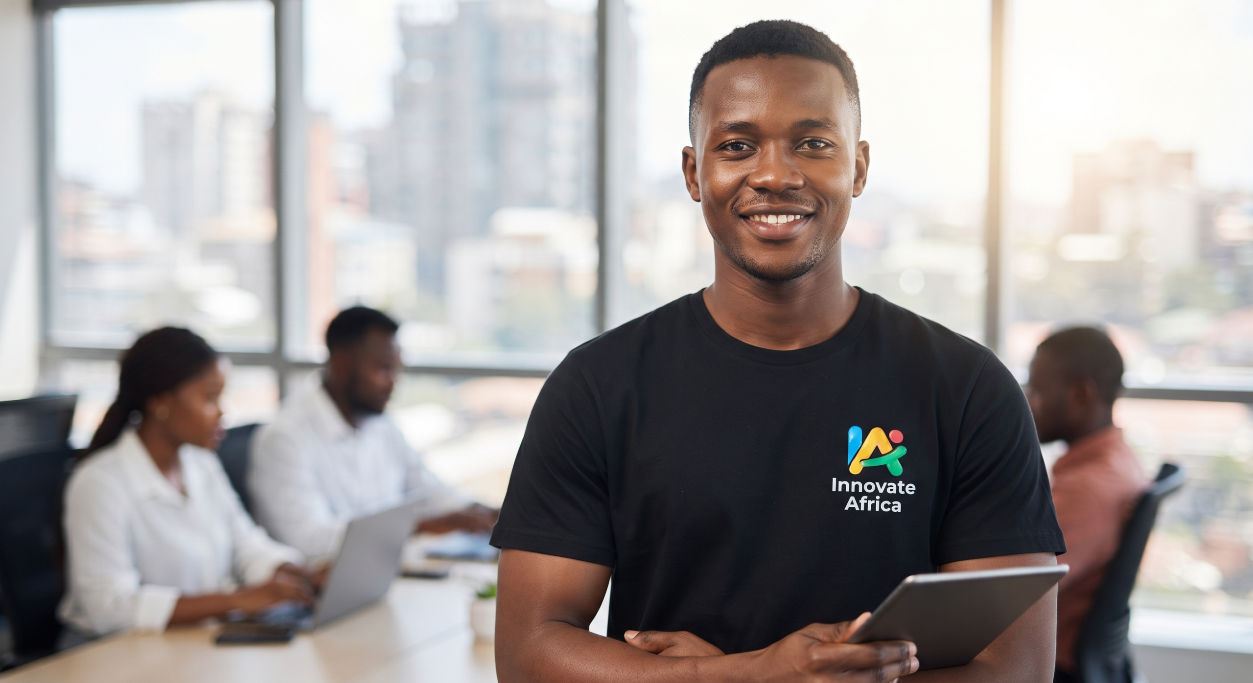 Confident African man wearing a modern corporate t-shirt with a bright colorful DTF logo print