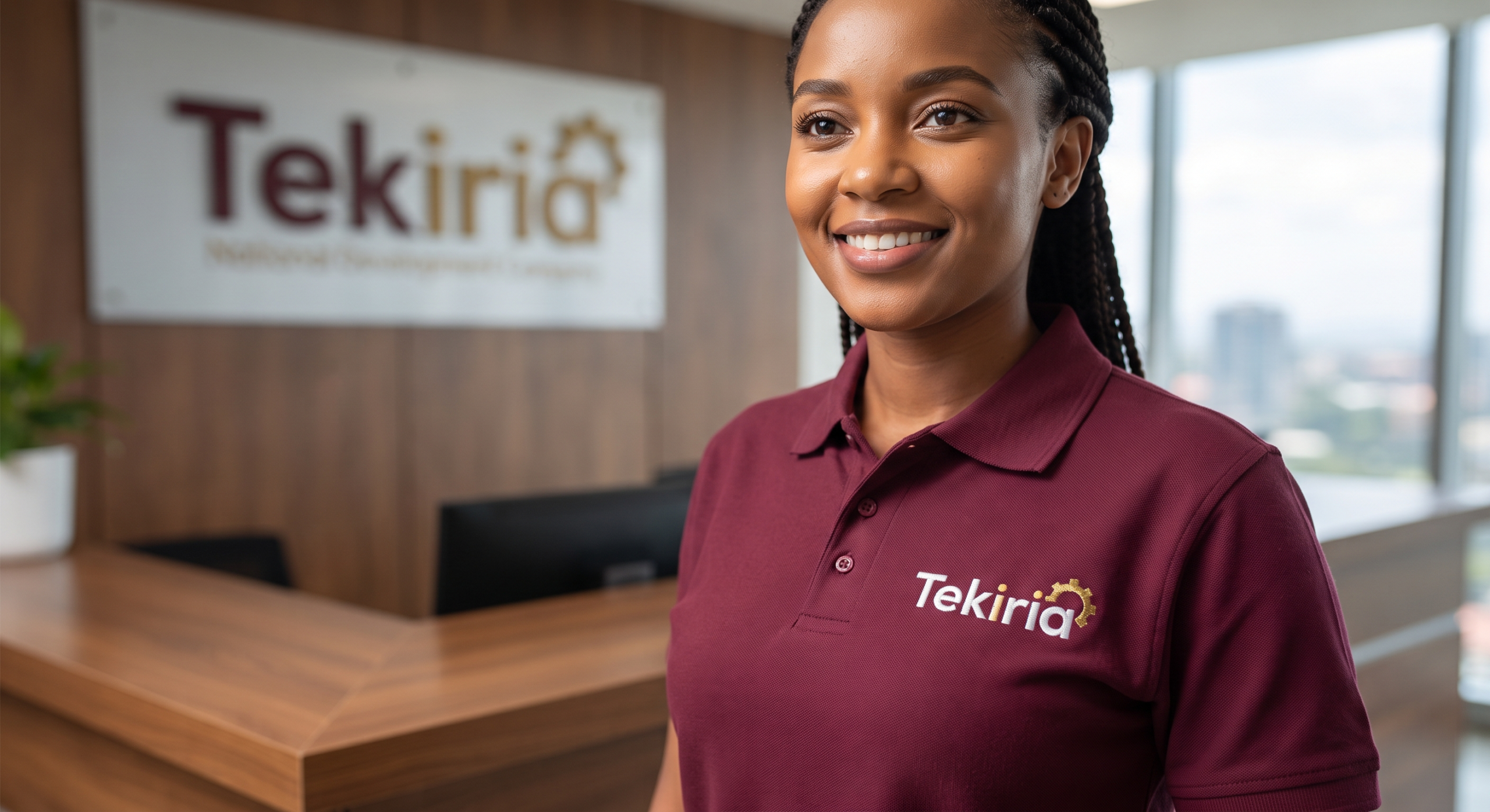 Professional African woman wearing a high-quality polo shirt with an embroidered logo comparing DTF printing vs industrial embroidery