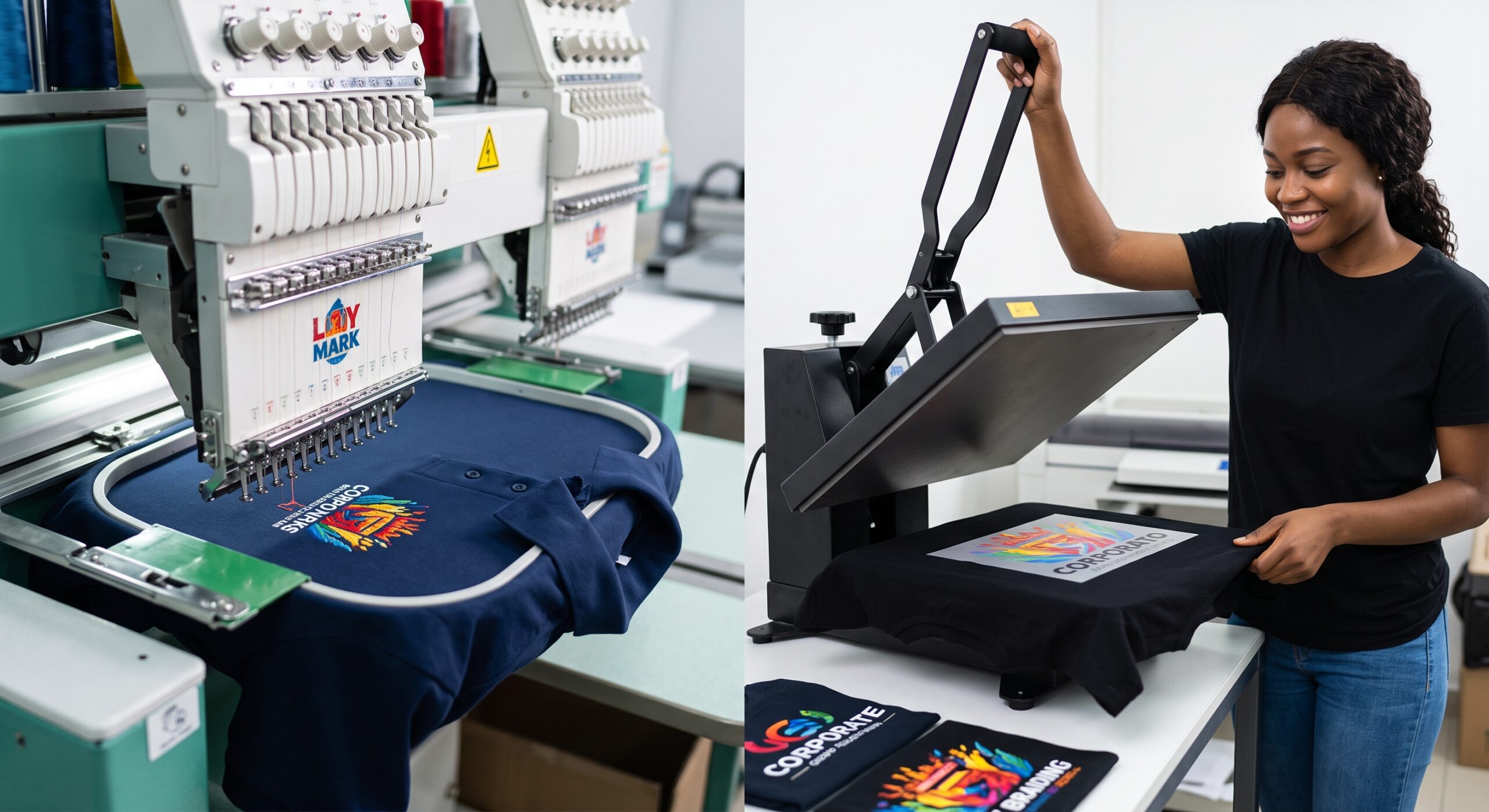 African branding designer examining a freshly printed corporate uniform comparing DTF printing vs industrial embroidery