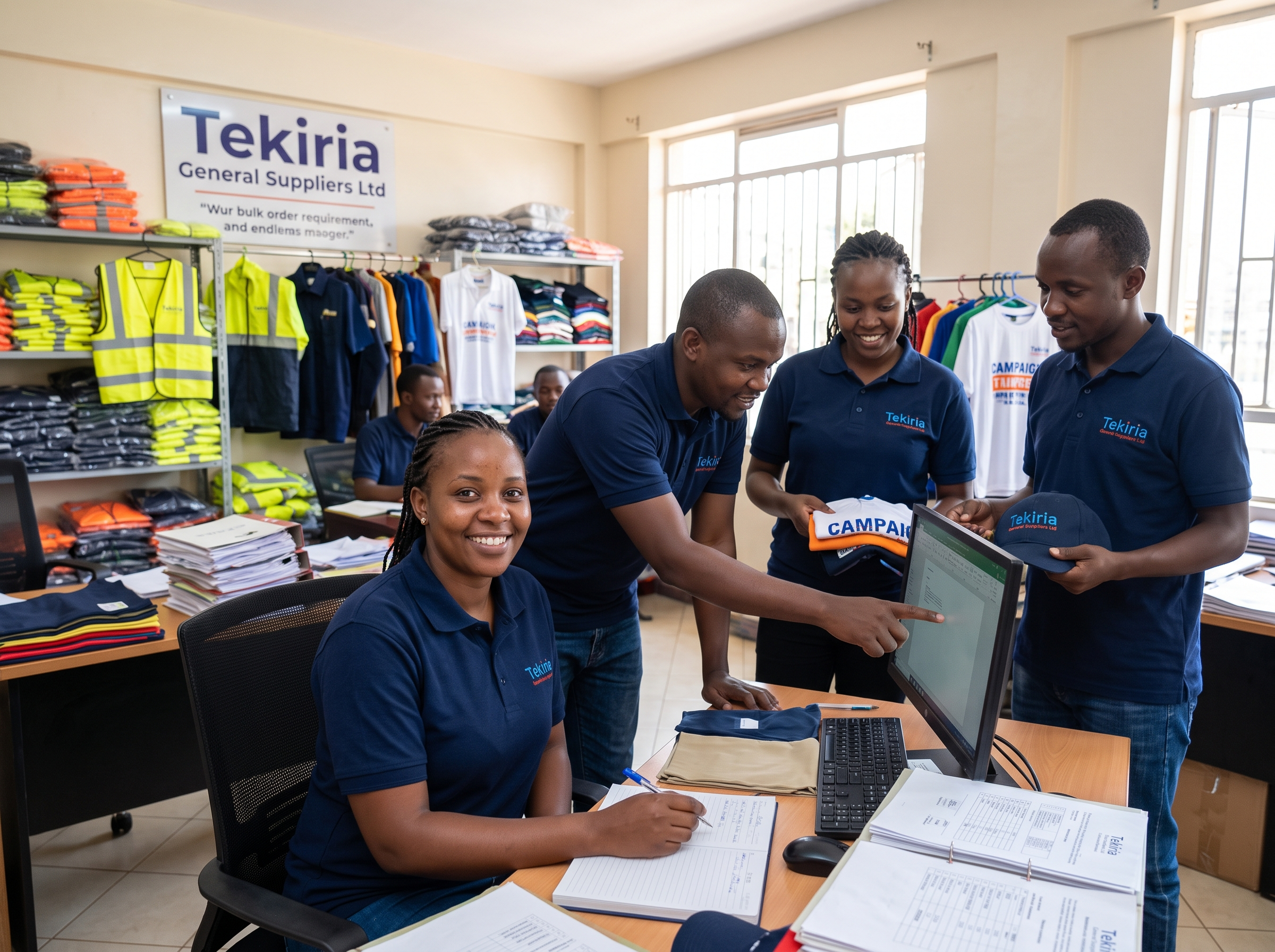 The friendly Tekiria customer service team at the Ngara office, smiling and ready to assist clients with their bulk order requirements.