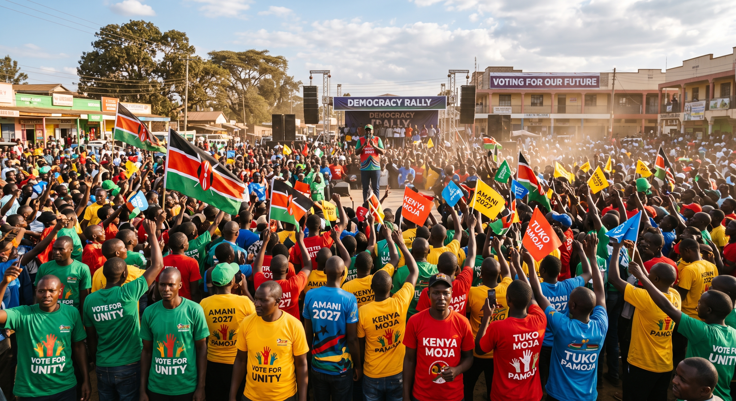A bustling Kenyan political rally with crowd members wearing vibrant, branded campaign t-shirts and waving flags, showcasing high visibility