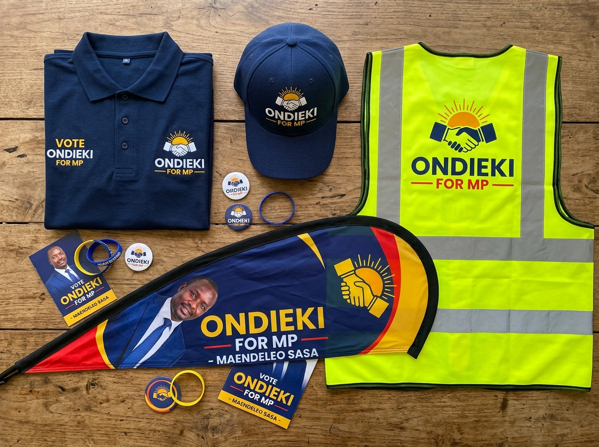 "A flat-lay display of essential campaign supplies, including a branded polo shirt, a custom cap, a branded reflector vest, and a teardrop banner, all showing the same candidate logo.